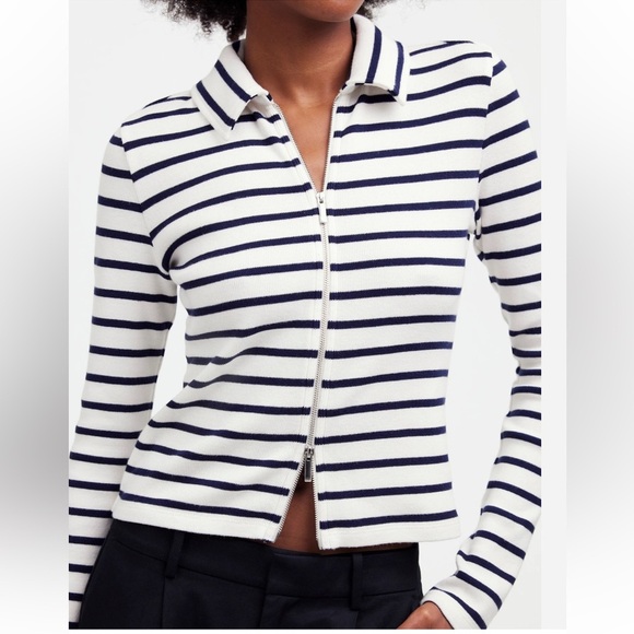 NWT Madewell Ribbed Zip-Front Tee in winter white stripe size M NS577 - Picture 6 of 13